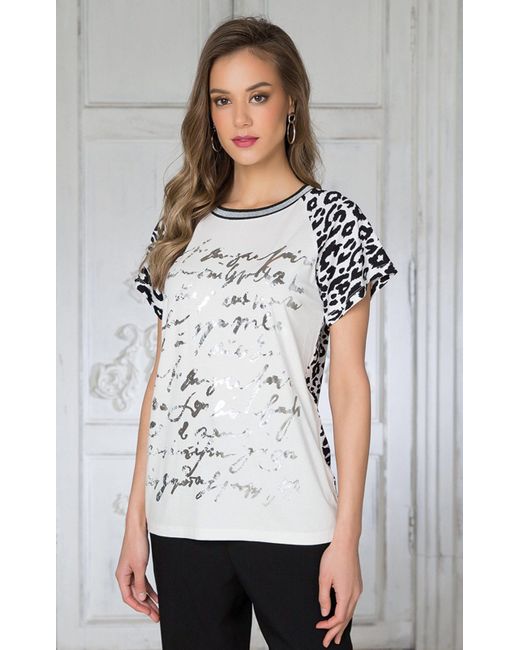 Passioni White Sommershirt Animalprint Leo und silbernen Schriftzügen T-Shirt mit Printmix