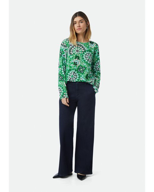 Comma, Green Langarmbluse Bluse mit seitlich geschlitztem Saum und All-over-Print