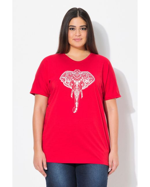 Ulla Popken Red T-Shirt Tiermotiv Oversized V-Ausschnitt Halbarm