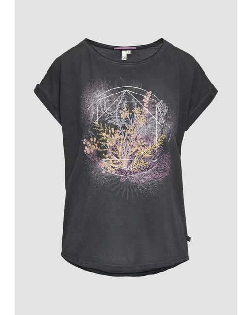 QS Black Kurzarmshirt Oversize-Shirt mit Rundhalsausschnitt und Frontprint Garment Dye