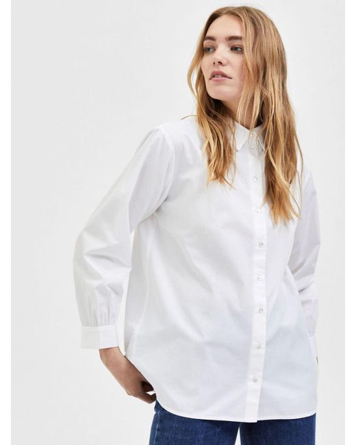 SELECTED White Blusenshirt Basic Langarm Hemd Bluse aus Baumwolle SLFREKA (1-tlg) 4185 in Weiß