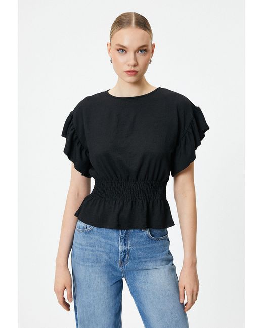 Koton Black Kurzarmbluse Kurzärmelig Rundhalsausschnitt Bluse
