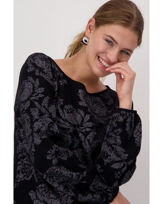 Monari Black Blusenshirt Strickpullover mit Lurexblumen schwarz gemustert