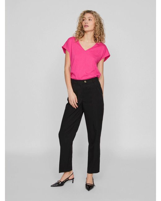 Vila T- Legere Shirt Bluse mit Spitzen Details V-Ausschnitt 7564 in Pink