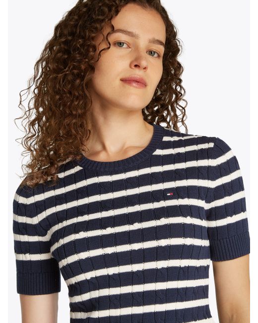 Tommy Hilfiger White Kurzarmpullover 1985 CO MINI CABLE C-NK SS SWT in tollem Strickmuster