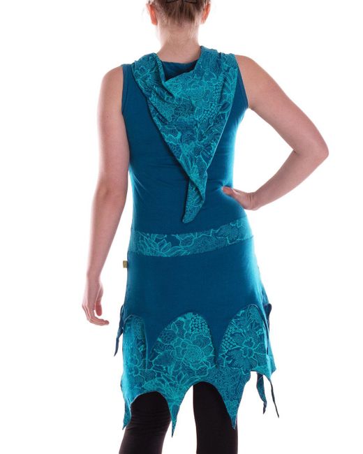 Vishes Blue Sommerkleid Kleid Baumwolle Blumen-Muster Asymmetrisch mit Kapuze Alternative Bekleidung