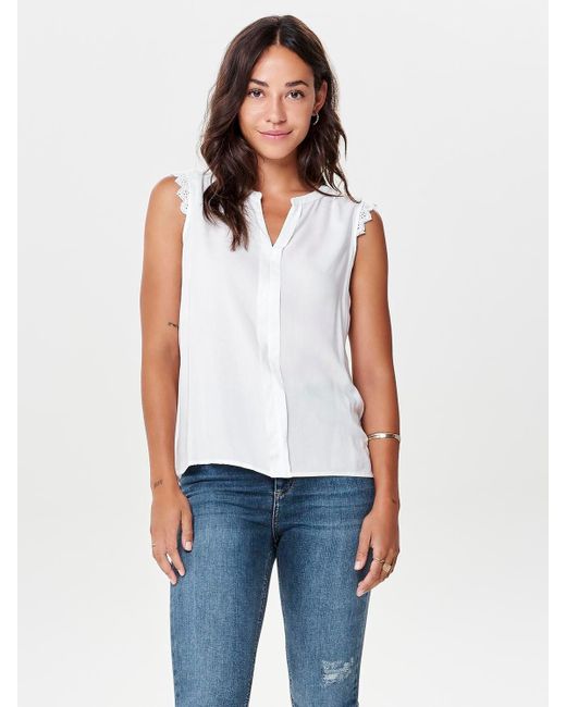 ONLY White T- Legere Shirt Bluse mit Spitzen Details Ärmellos 7595 in Weiß