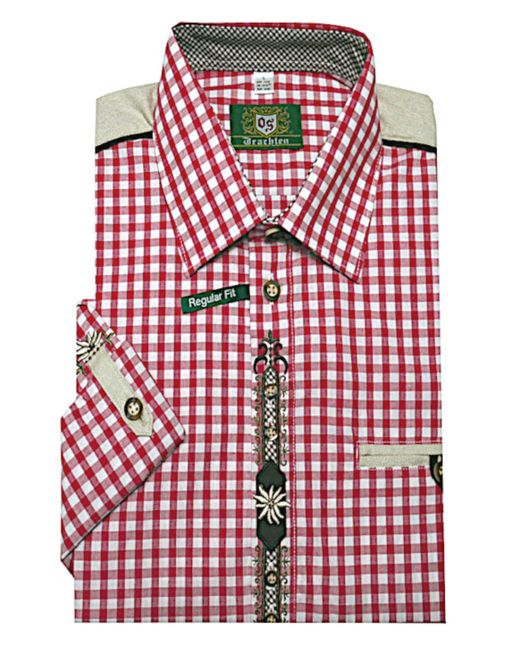 ORBIS Trachtenhemd TH-0215 Stickerei Krempelarm Kentkragen, Regular Fit-bequemer gerader Schnitt in Red für Herren