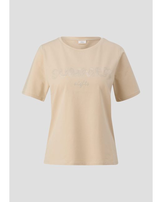 S.oliver Natural Kurzarmshirt T-Shirt aus Baumwollstretch Pailletten, Stickerei