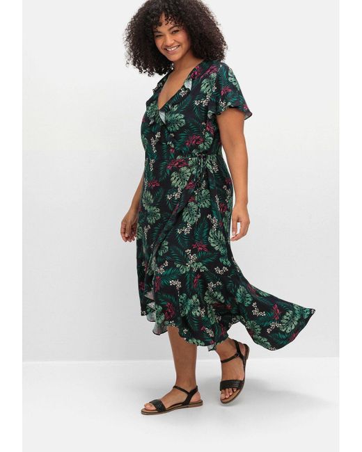 Sheego Green Sommerkleid Große Größen mit Tropenprint und Volant
