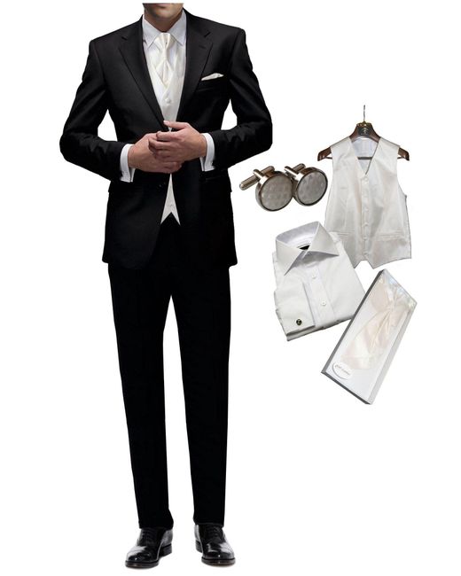 Freiherr von Falkenhausen Anzug Hochzeitsanzug 7 teiliges Set schwarz Slim + Set Hochzeitsweste & Hemd Set Anzug in Black für Herren
