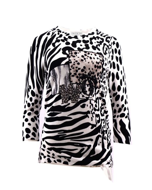 Passioni Multicolor 3/4 Arm-Pullover Schwarz-Weiß Sommerpullover mit Leopard- und Zebramuster Rundhalsausschnitt