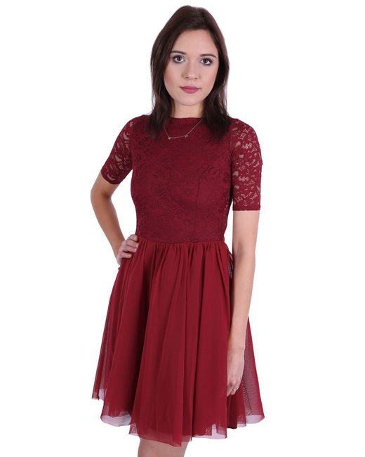 Sarcia.eu Red Midikleid Dunkelrotes Tüllkleid mit Oberteil aus Spitze John Zack L