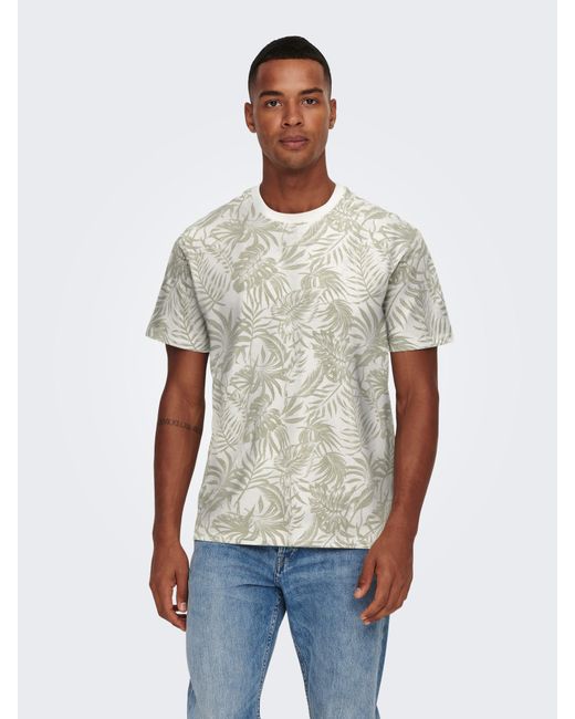 Only & Sons Rundhalsshirt ONSPERRY LIFE REG LEAF AOP SS TEE in White für Herren