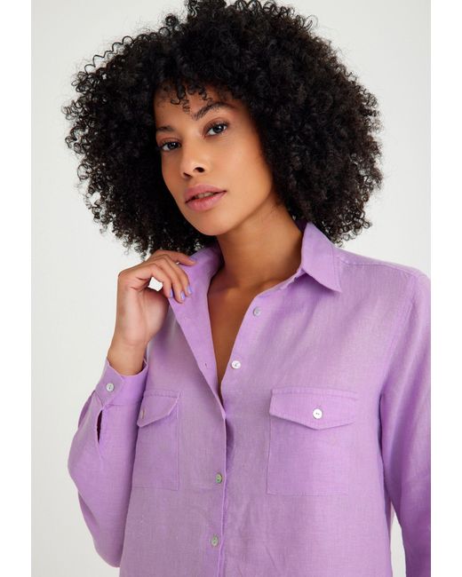 Just Like You Purple Langarmhemd Leinen-hemd mit Taschendetails