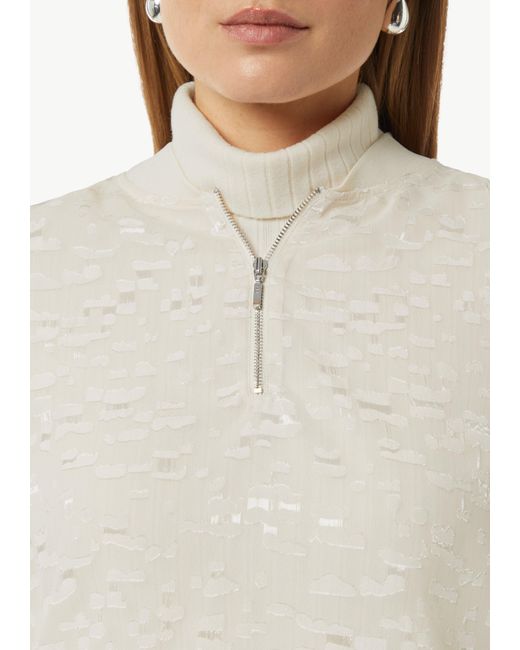 comma casual identity White Langarmbluse Transparente Jacquard-Bluse mit Zip-Ausschnitt