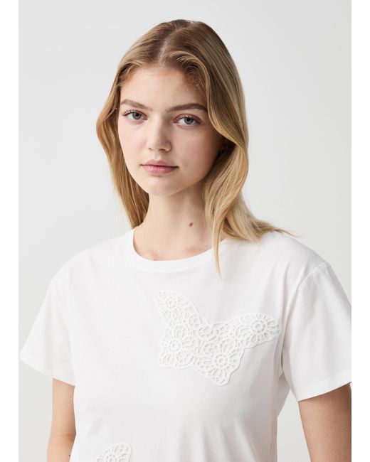 Ovs , T-Shirt Con Applicazioni Farfalle Crochet, Donna, , Taglia di OVS in White