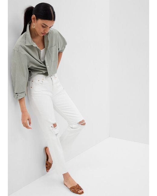 Jeans Straight Fit A Vita Alta Con Abrasioni di Gap in White