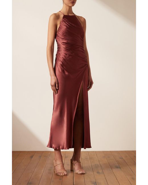 Shona Joy Silk Thalia Gathered Square Neck Bias Midi Dress | Lyst