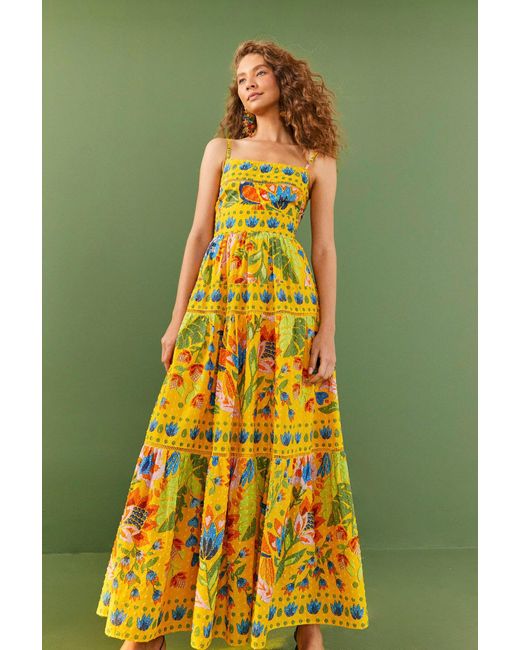 Farm Rio Yellow Summer Garden Sleeveless Maxi Dress