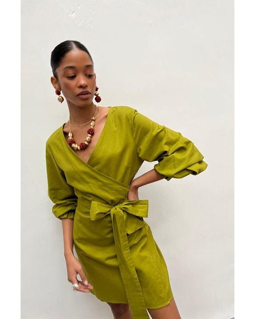 Never Fully Dressed Green Olive Linen Wrap Dress