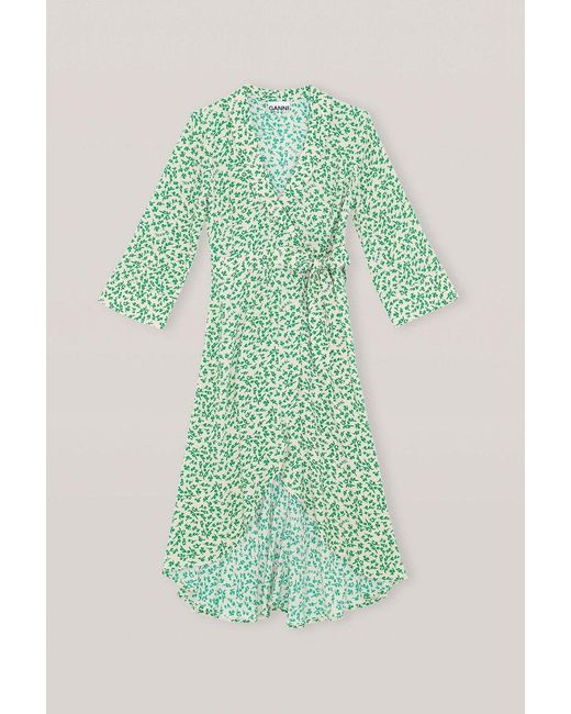 Ganni Printed Crepe Wrap Dress In 