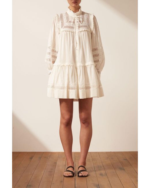 Shona Joy Cotton Lucia Balloon Sleeve Frill Mini Dress in Ivory (White) | Lyst UK