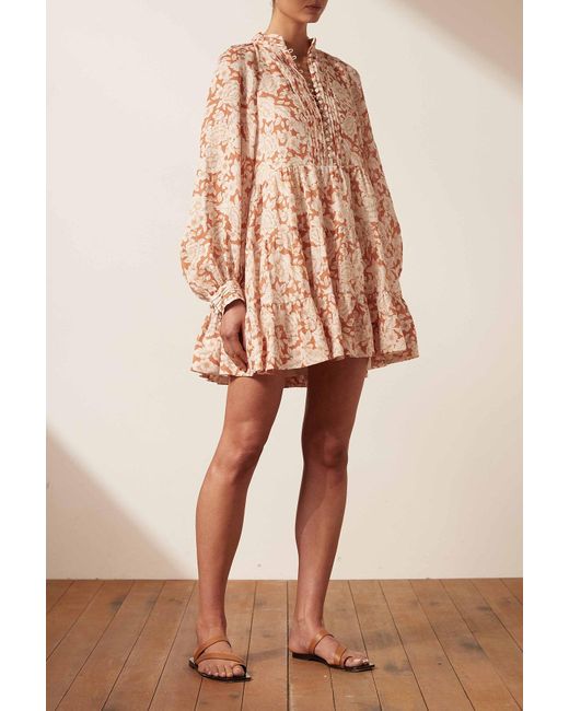 Shona Joy Flor Linen Balloon Sleeve Pin Tuck Tiered Mini Dress | Lyst