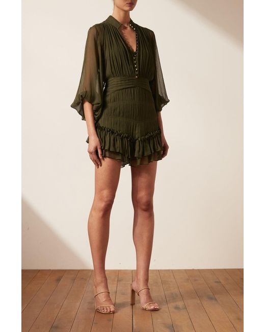 Shona Joy Chiffon Safira Button Up Ruched Mini Dress in Olive (Green) Lyst