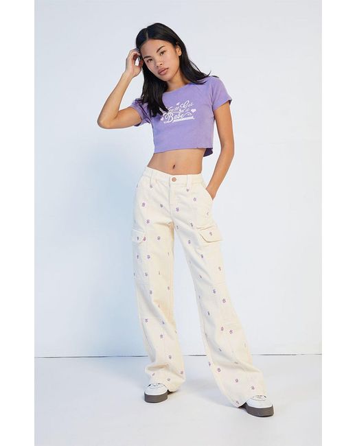 PacSun Blue Off White Embroidered Corduroy Low Rise Puddle Pants