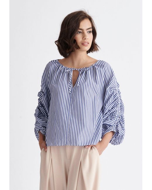 Paisie Striped Ruched Sleeve Top in Blue | Lyst