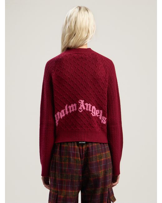 Palm Angels Red Curved Logo Ribbed Sweater Burgundy