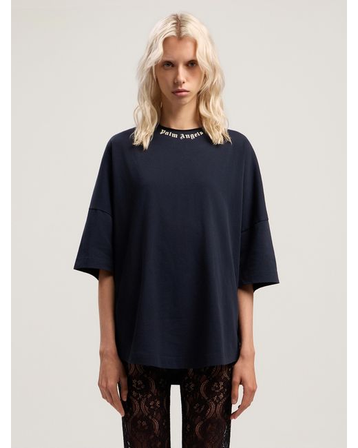 Palm Angels Blue Curved Logo Collar Over Tee Dark