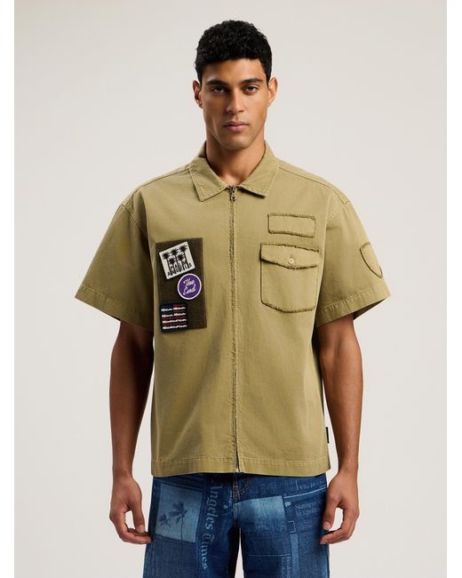 Palm Angels Blue Military Patch Zipped Shirt Army for men