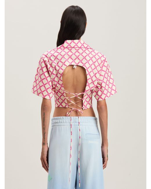 Palm Angels Pink Net Logo Crisscrossed Shirt Ivory
