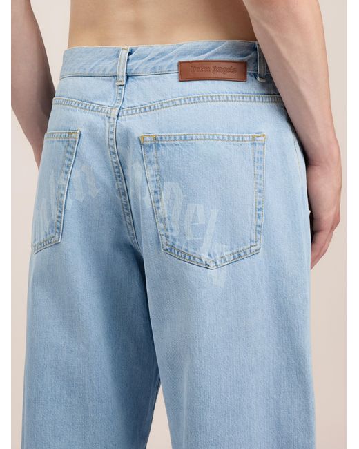 Palm Angels Blue Curved Logo Loose Jeans for men