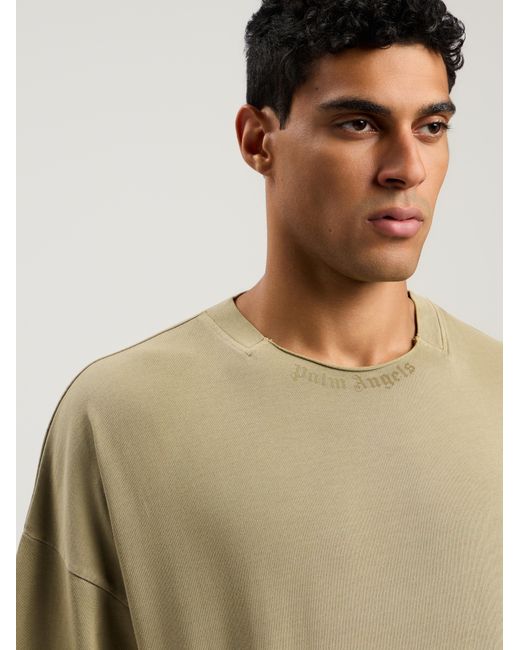 Palm Angels Natural Curved Logo Loose Collar T-Shirt Army for men