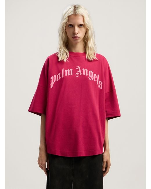 Palm Angels Pink Curved Logo Over T-Shirt Fuchsia