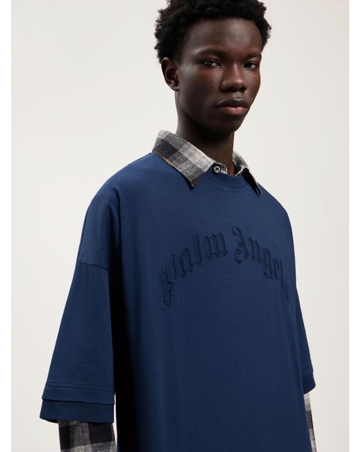 Palm Angels Blue Curved Logo Loose Double T-Shirt for men
