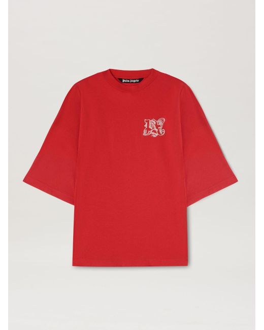 Palm Angels Red T-shirt Loose With Dragon for men