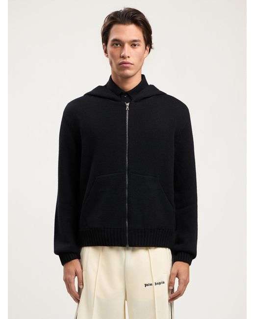 Palm Angels Black Curved Logo Knit Hoodie for men
