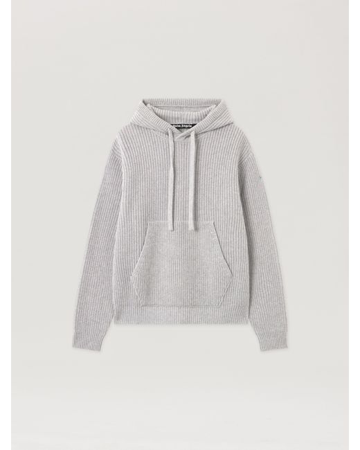 Palm Angels White Curved Logo Rib Knit Hoodie Melange for men