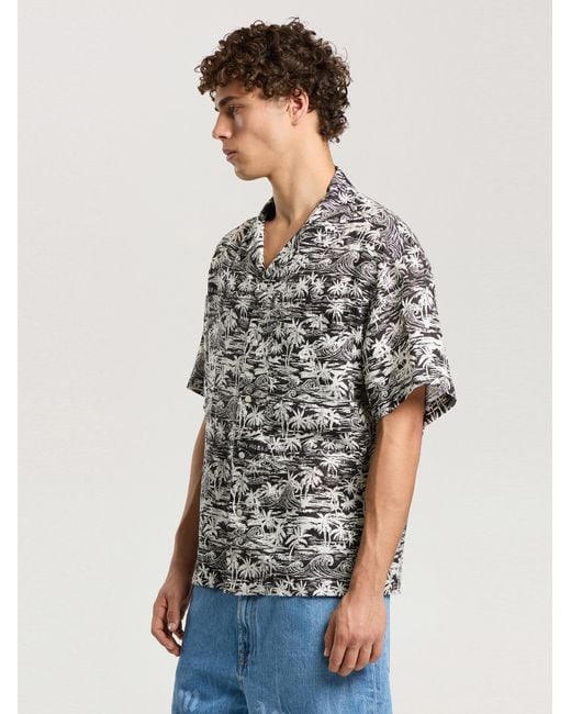 Palm Angels Gray Palm Waves Linen Bowling Shirt for men