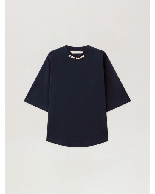 Palm Angels Blue Curved Logo Collar Over Tee Dark