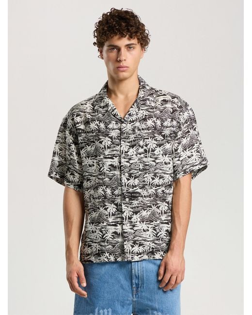 Palm Angels Gray Palm Waves Linen Bowling Shirt for men