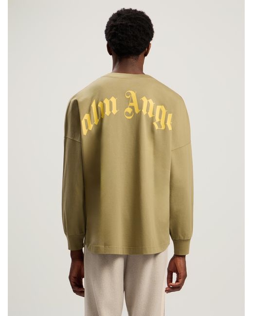 Palm Angels Natural Curved Logo Long Sleeve T-Shirt Army for men
