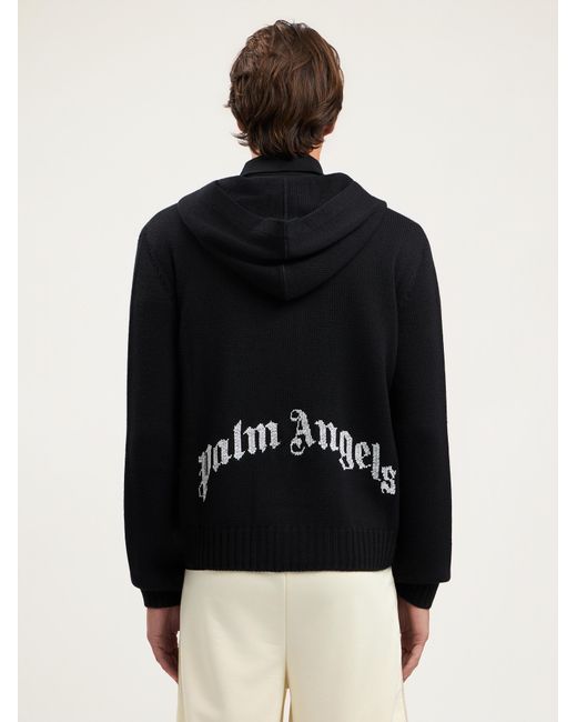 Palm Angels Black Curved Logo Knit Hoodie for men
