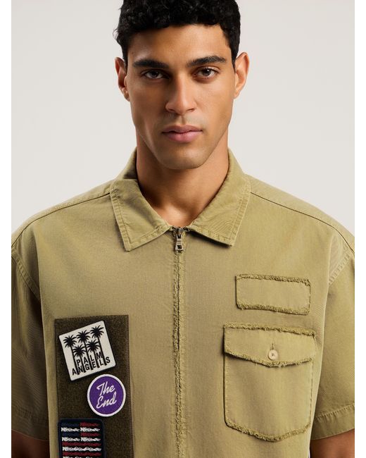 Palm Angels Blue Military Patch Zipped Shirt Army for men