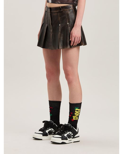 Palm Angels Black Curved Logo Lea Pleated Skirt
