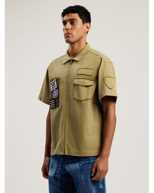 Palm Angels Blue Military Patch Zipped Shirt Army for men
